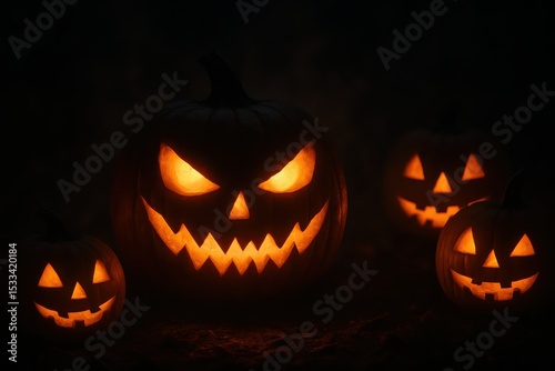 Spooky Halloween jack-o'-lantern eyes glowing in darkness for October 31st celebration