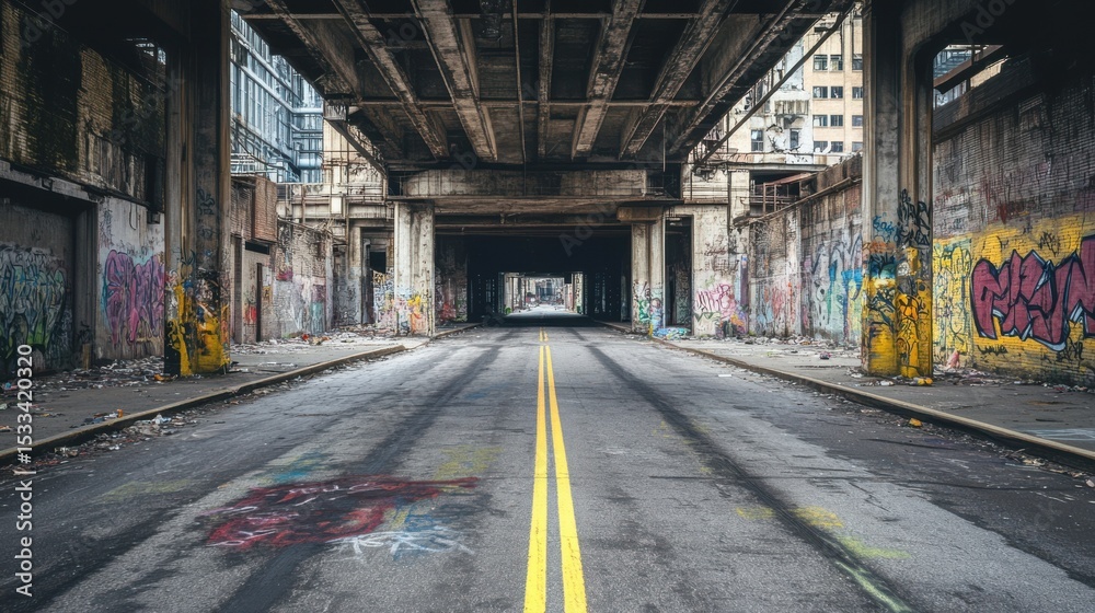 Fototapeta premium Empty urban freeway surrounded by graffiti-covered walls and industrial buildings, gritty and cinematic vibe.