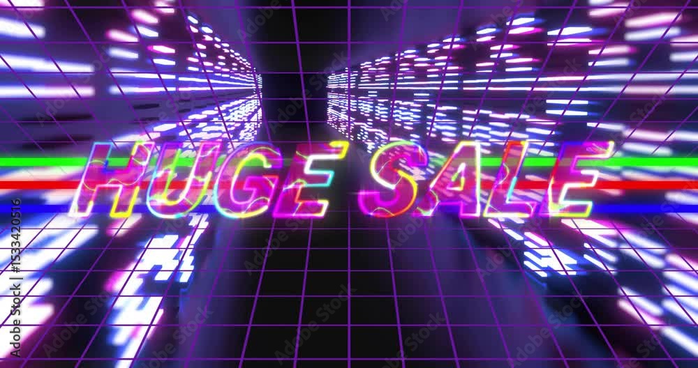 Light bars appearing, neon letters sliding into HUGE SALE, camera gliding tunnel promoting sale