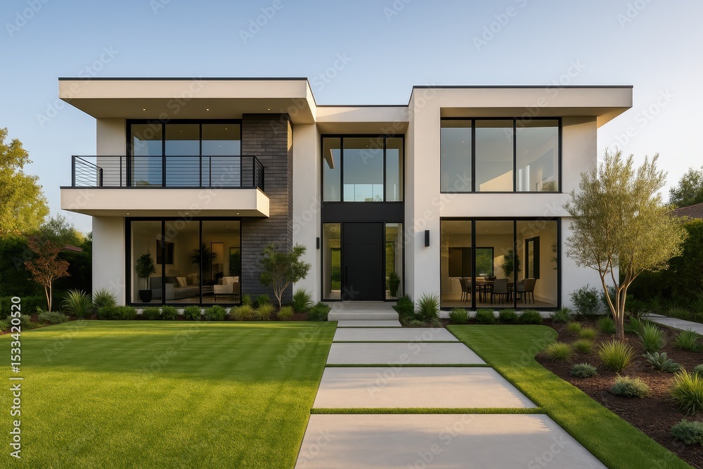 Fototapeta premium Beautiful Luxury Home Exterior with Green Grass Yard and Modern Architecture