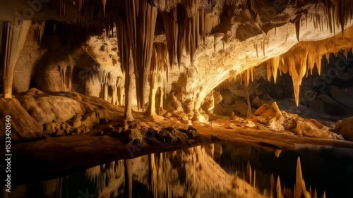 Underground cave system illuminated with light reflecting in water and stalactites hanging from the ceiling opening to the outdoor forest