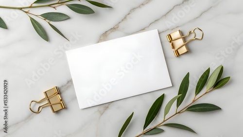 Minimal business card mockup for Etsy seller, styled on marble surface with natural props and golden clips
