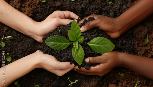  Four diverse hands together holding soil and planting trees with smiling friends supporting nature