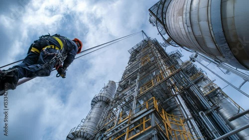 Industrial worker climbing scaffolding at a high-rise construction site with dramatic perspective and cloudy sky