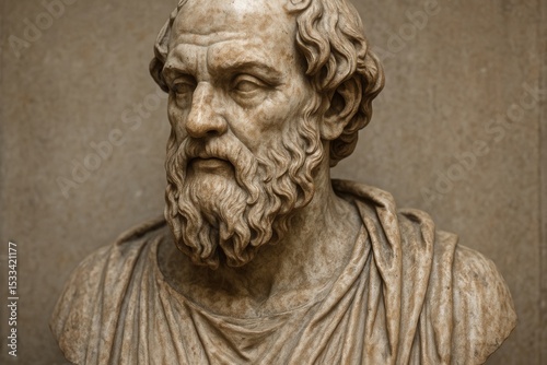 Classical marble bust of ancient Greek philosopher with weathered patina and timeless scholarly expression