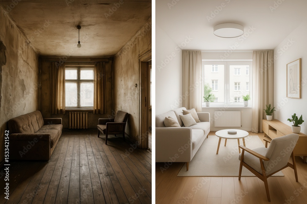 Fototapeta premium Home Renovation Transformation Showing Before and After Interior Refurbishment