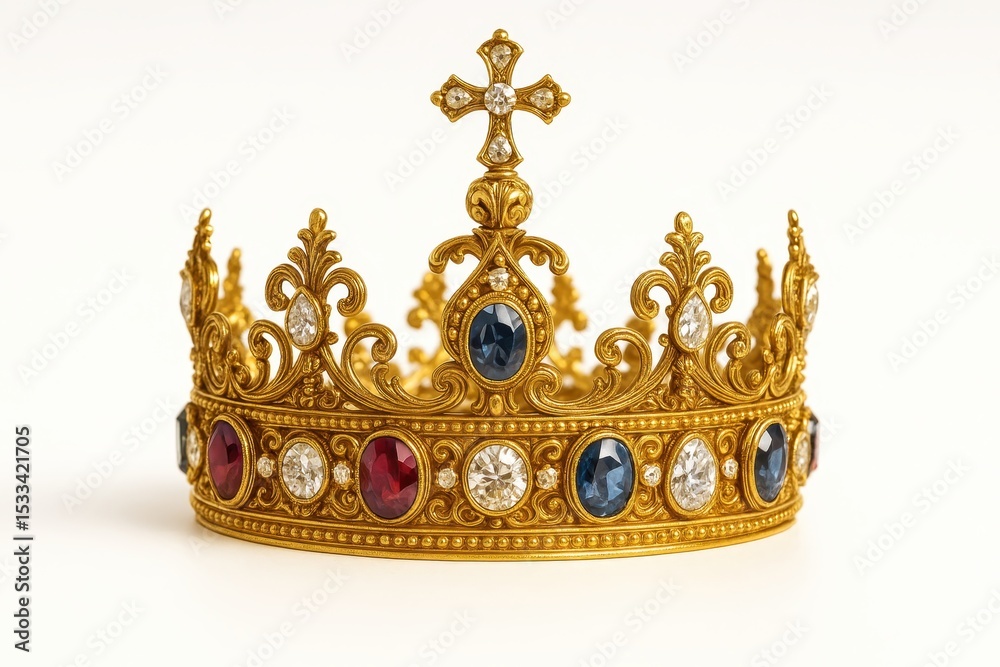 Fototapeta premium Isolated Gold Crown with Precious Gems on White Background