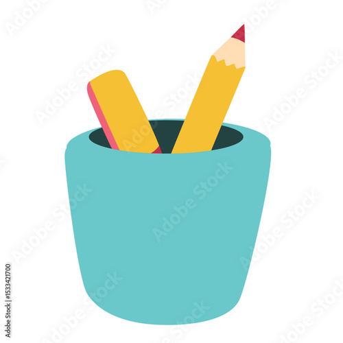 A blue pencil holder containing a pencil and ruler. Ideal for school stationery visuals, educational illustrations, or desktop study icons.