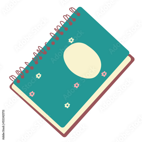 Green spiral notebook with floral details and a large circle label. Great for school stationery, journaling visuals, or decorative writing tools.

