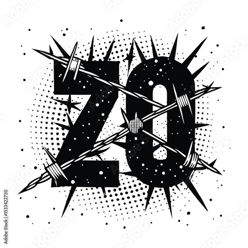 Number twenty with barbed wire and pop art style