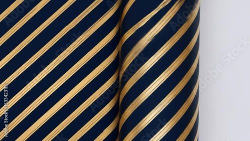 Unrolling Navy Blue Wrapping Paper with Gold Diagonal Stripes in a Smooth Motion