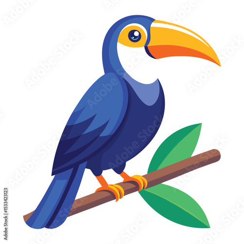 Vibrant blue toucan perched on branch illustration