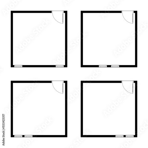 Set of room 4 x 4 meter, 16 sqm, empty room, Black and White, Apartment architectural plans