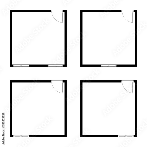 Set of room 4 x 4 meter, 16 sqm, empty room, Black and White, Apartment architectural plans