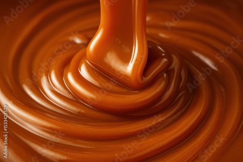 Luscious caramel sauce cascade with golden amber tones and glossy flowing texture for culinary photography
