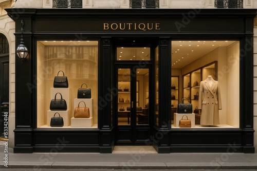 Luxury Parisian boutique window display with designer accessories