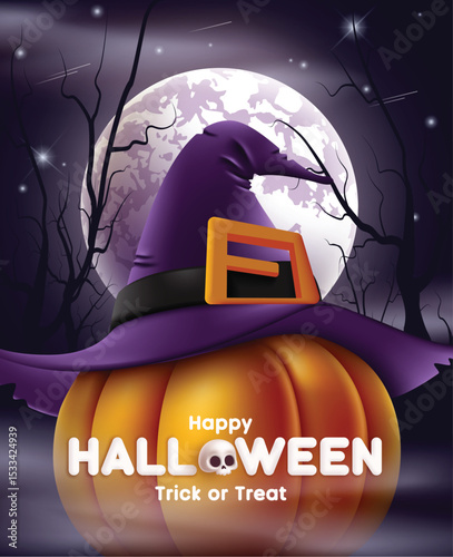 Happy Halloween Trick or Treat greeting clipart poster. Cute pumpkin wearing witch hat elements with Halloween trick or treat text clip art in full moon spooky night background banner card design 