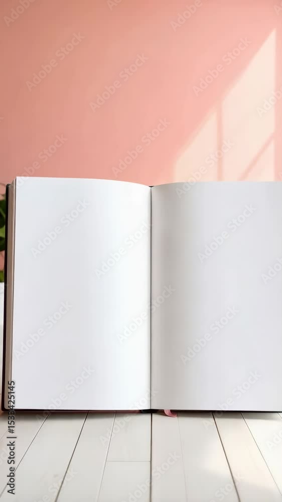 Open blank journal with crisp white pages on light wood surface against a pale pink wall with sunlit window shadow, inviting creative space