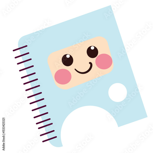 Blue spiral notebook with a smiling kawaii face and a cut-out corner. Ideal for school designs, kids’ stationery, or study themes.