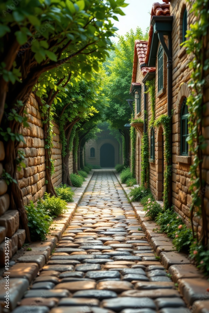 Obraz premium Cobblestone Street with Trees and Buildings