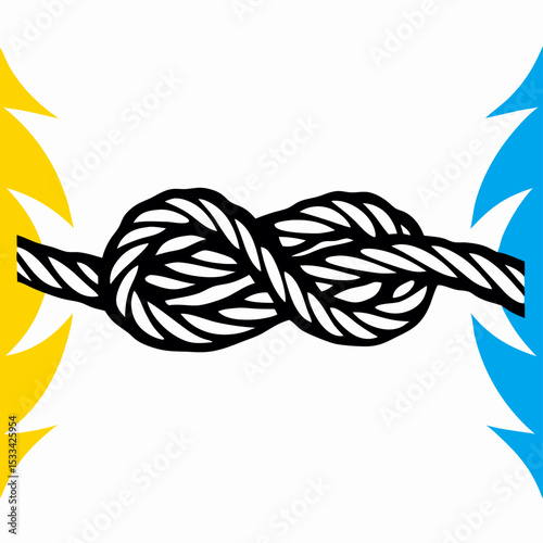 Abstract Knot Illustration: Intertwined Rope, Yellow and Blue Background