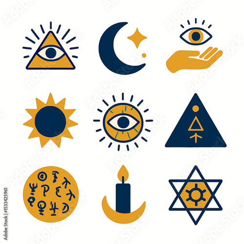Collection of esoteric symbols and occult signs featuring celestial and mystical elements