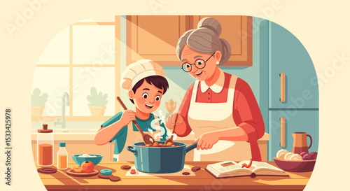 Grandmother and Grandson Cooking Together in Kitchen