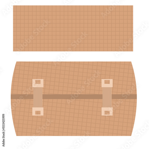 Rolled elastic bandage in skin color,
with two attached metal fasteners,
used for wounds, doctor treatment,
first aid, flat design style.
