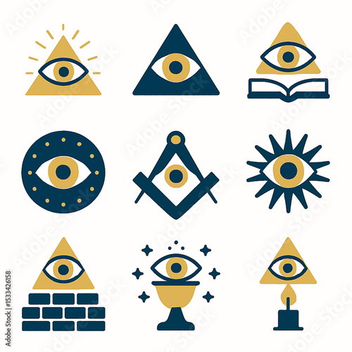 Illuminati symbols set with eye in triangle, circle, and book concepts in vector