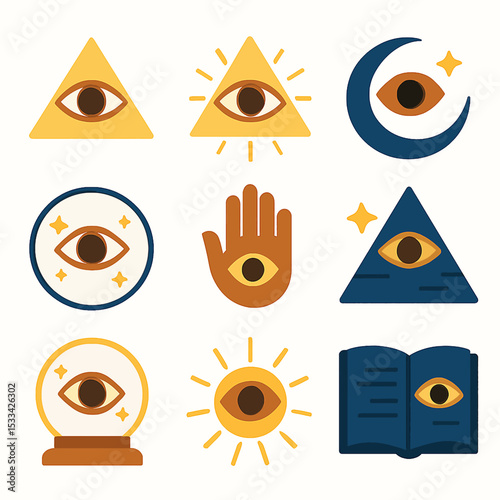 Mystical eye symbols in various forms including triangles, crescent, hand and book