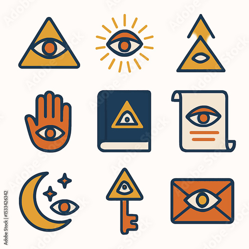 Mystical symbols vector illustration featuring eye of providence and esoteric elements