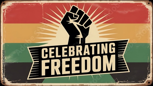 Celebrating Freedom Vintage Style Metal Sign Poster Design with Raised Fist and Pan-African Colors