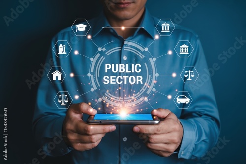 Person holding a tablet displaying an illustration of the public sector.