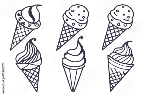 Hand Drawn Ice Cream Cones Collection with Different Flavors and Toppings