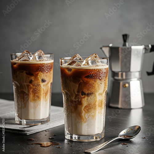 Two refreshing iced lattes with distinct layers of coffee and milk, topped with ice, next to a moka pot and spoon