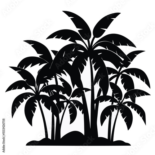 Banana tree silhouette illustration with tropical beach and summer theme on white background