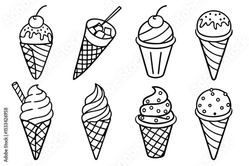 Set of Outline Ice Cream Cones with Different Toppings and Flavors