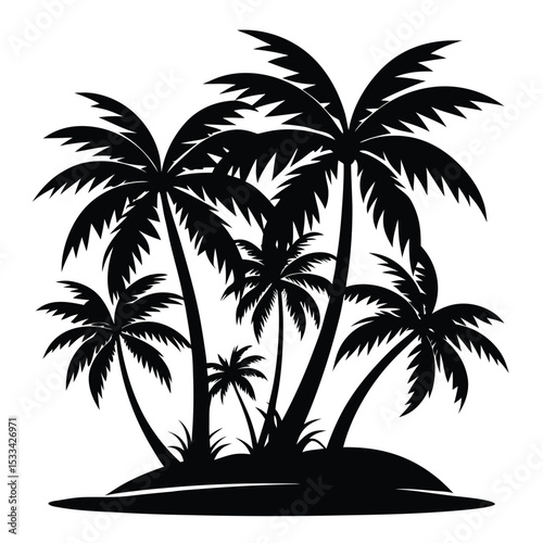 Silhouette illustration of tropical palm trees on a beach landscape on white background.