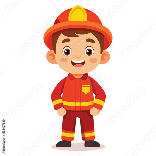 Happy little boy dressed as firefighter cartoon