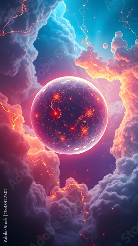 A stunning digital artwork of space and the cosmos, featuring a luminous galaxy with a glowing orb radiating light and vibrant energy
