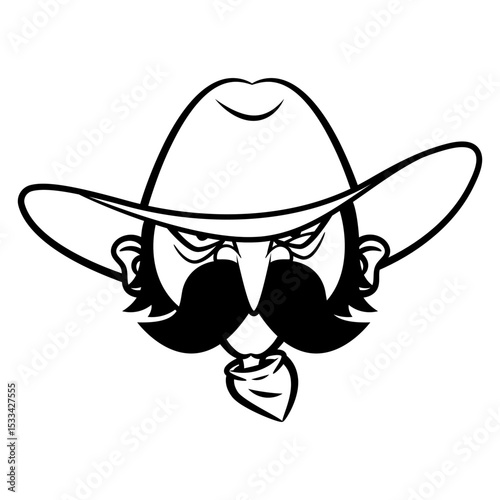 Cowboy Head cartoon characters with long mustache wearing cowboy hats and bandanas. best for sticker, outline, logo, and coloring book with wild west themes