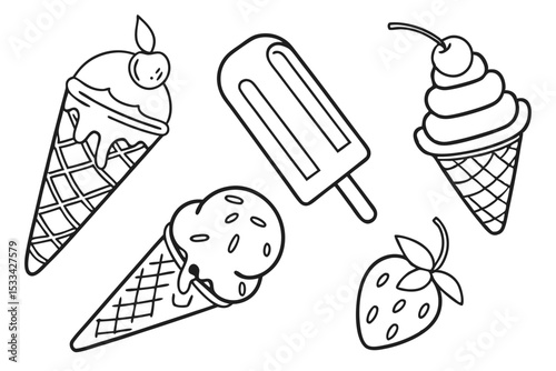 Hand Drawn Summer Treats Ice Cream Cones Popsicle and Strawberry Line Art
