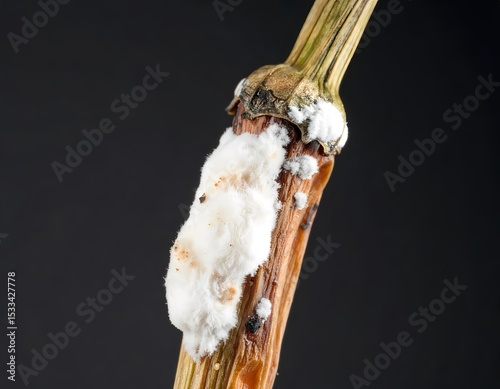 close-up photograph of fungal infection (Phytophthora) on a rotting chili stem, clean background, dramatic texture, disease diagnosis style