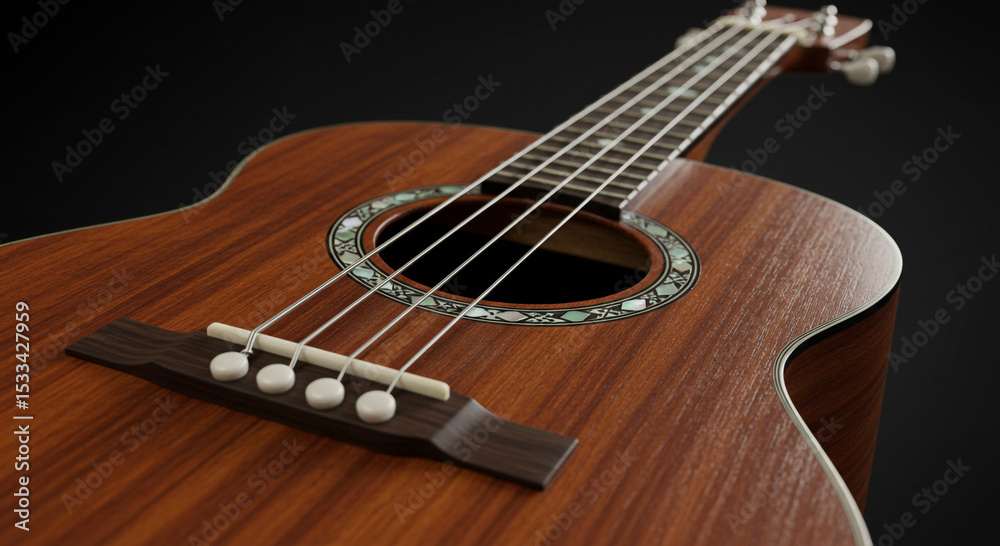 Fototapeta premium Close up of a brown ukulele with strings and sound hole against a dark background in studio lighting