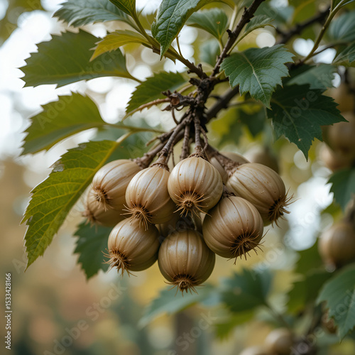 Hazelnuts on the tree. Autumn season.