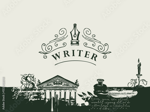 Vector banner or background on writers theme in vintage style. Writer's workplace with drawings and space for text. Artistic illustration with candle, inkwell, quill, architecture, building. No AI
