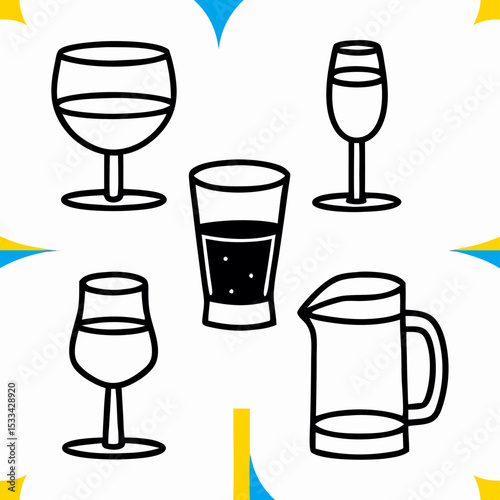 Glassware Icons: Wine Glasses, Tumbler, Pitcher