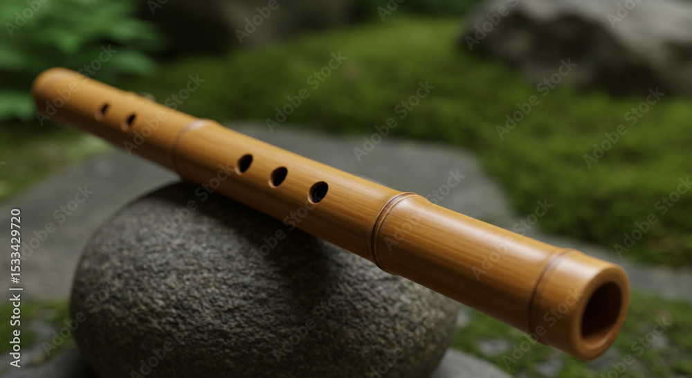 Fototapeta premium Close up of a bamboo flute with finger holes resting on a gray stone in a garden setting outdoors