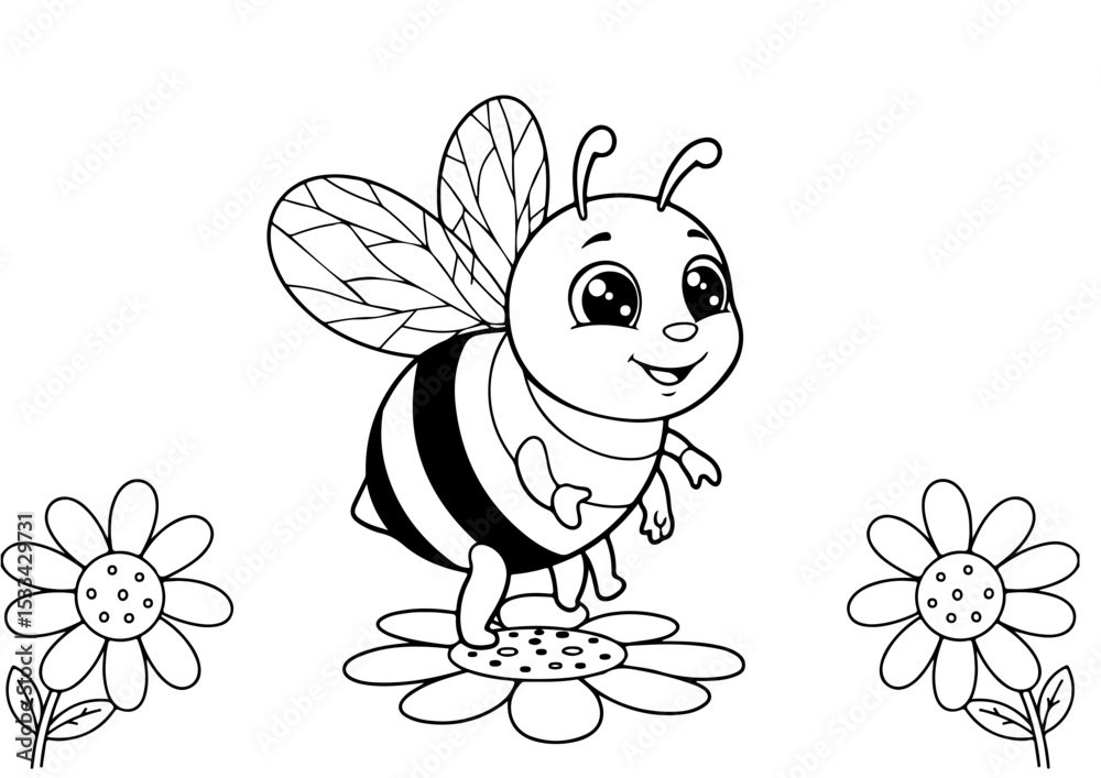 Obraz premium ute bee and flower cartoon outline line art vector illustration for coloring page for chidren's kids, transparent background