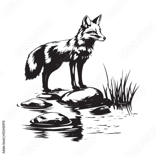 Elegant Fox on Stones Amid Flowing River in a Calm Wilderness Vector Scene